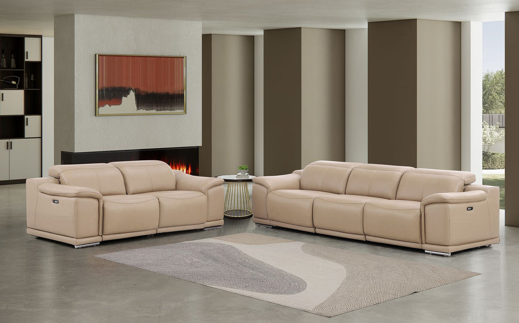 2679 Genuine Leather Reclining Set - Sofa and Loveseat with 4 Power Recliners - Beige - SKU 2679-BEIGE-5.4-HT-2PC