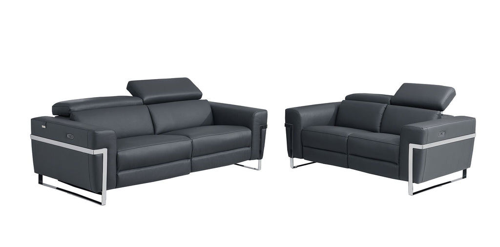 990 Divanitalia Power Reclining 2-Piece Sofa Set with Power Headrest in Top-grain Italian Leather - Dark Grey - SKU 990-DK-GRAY-2PC - view 2