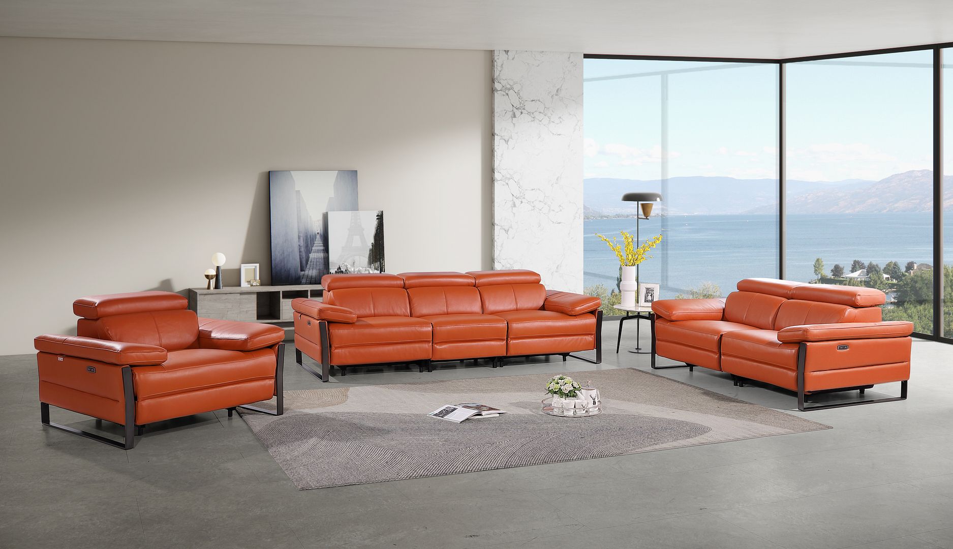 1246 Divanitalia Modular Power Dual Reclining Sofa, Loveseat, and Chair Set with Power Headrests - Top Grain Italian Leather - Camel - SKU 1246-CAMEL-6.5-HT-3PC