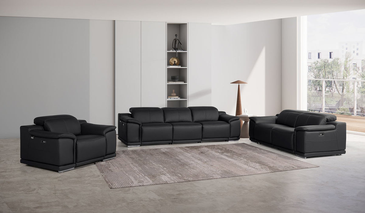 9762 Divanitalia 6-Piece Modular Power Reclining Sofa, Loveseat and Chair Set with 5 Power Recliners in Top Grain Italian Leather - Black - SKU 9762-BLACK-6.5-HT-3PC