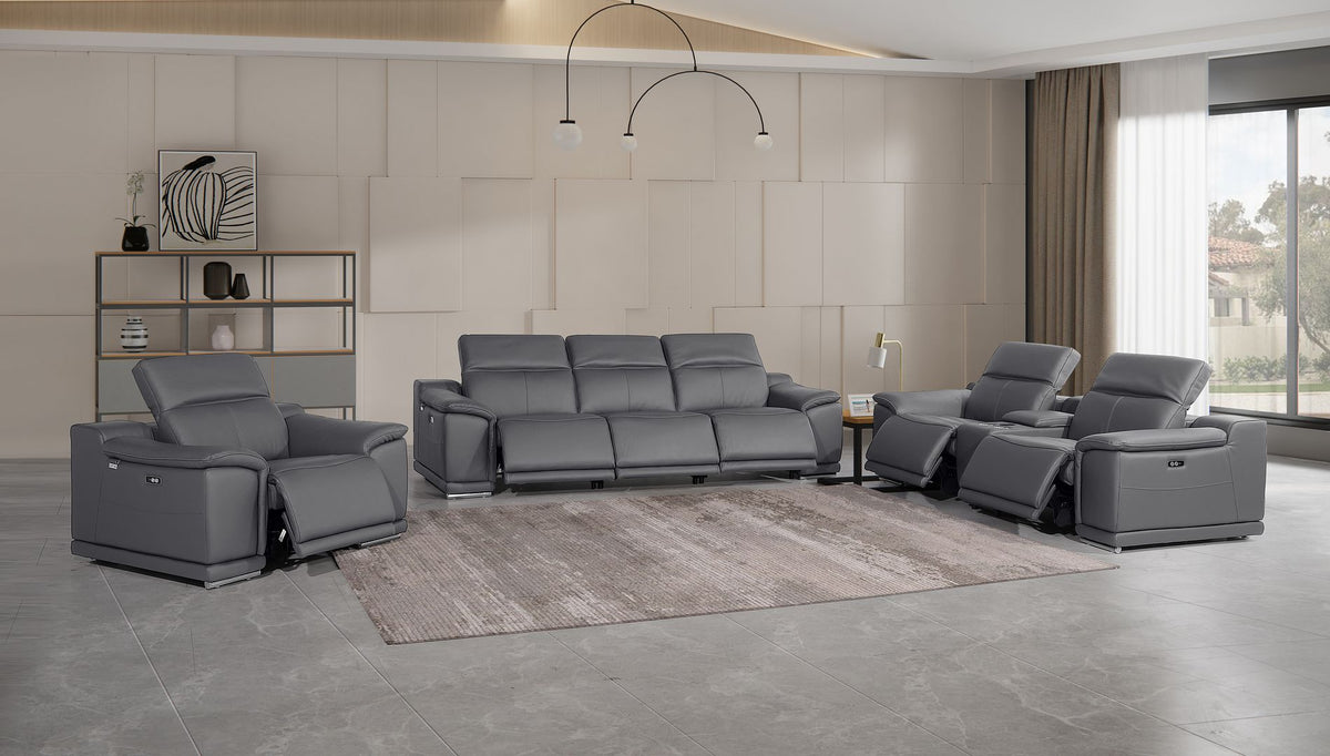 9762 Divanitalia 7-Piece Modular Power Reclining Sofa, Loveseat and Chair Set with 6 Power Recliners in Top Grain Italian Leather - Dark Grey - SKU 9762-DK-GREY-7.6-HT-3PC - view 2