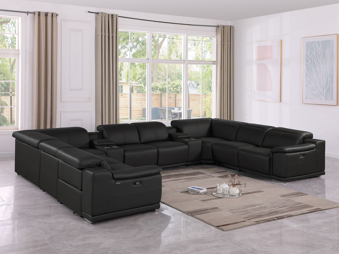 9762 Divanitalia 10-Piece U-Shaped Top Grain Italian Leather Sectional Sofa with 4 Power Recliners - Black
