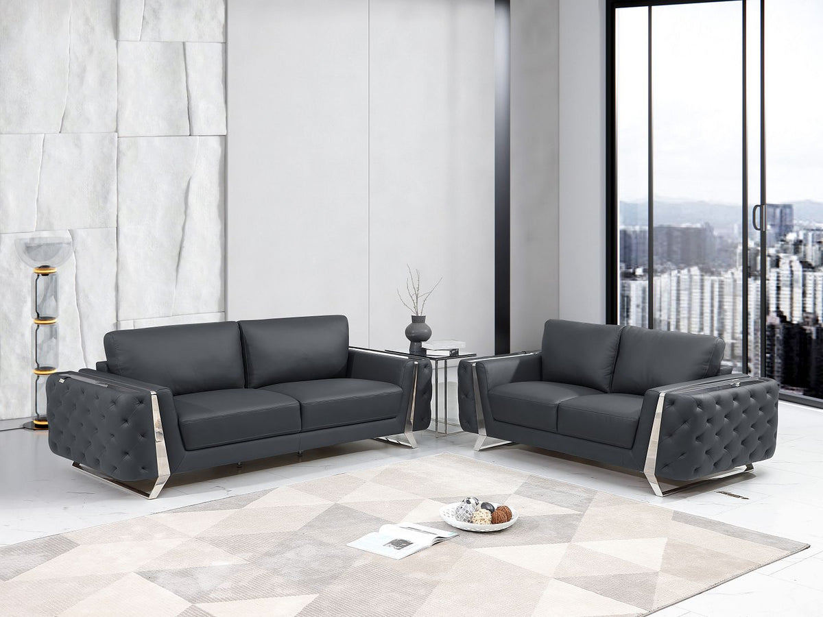 1050 Divanitalia 3-Piece Sofa Set in Top-grain Italian Leather - Dark Grey - SKU 1050-DK-GRAY-2PC