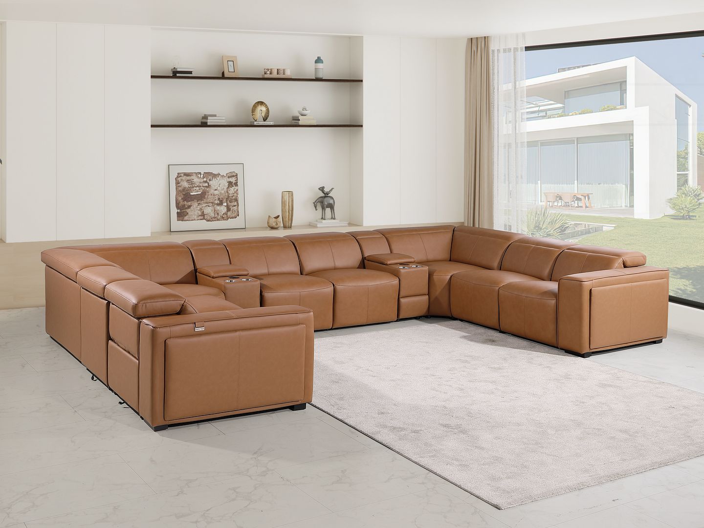 1224 Divanitalia 10-Piece U-Shaped Sectional Sofa in Top Grain Italian Leather with 4 Power Recliners & Power Headrests - Cognac