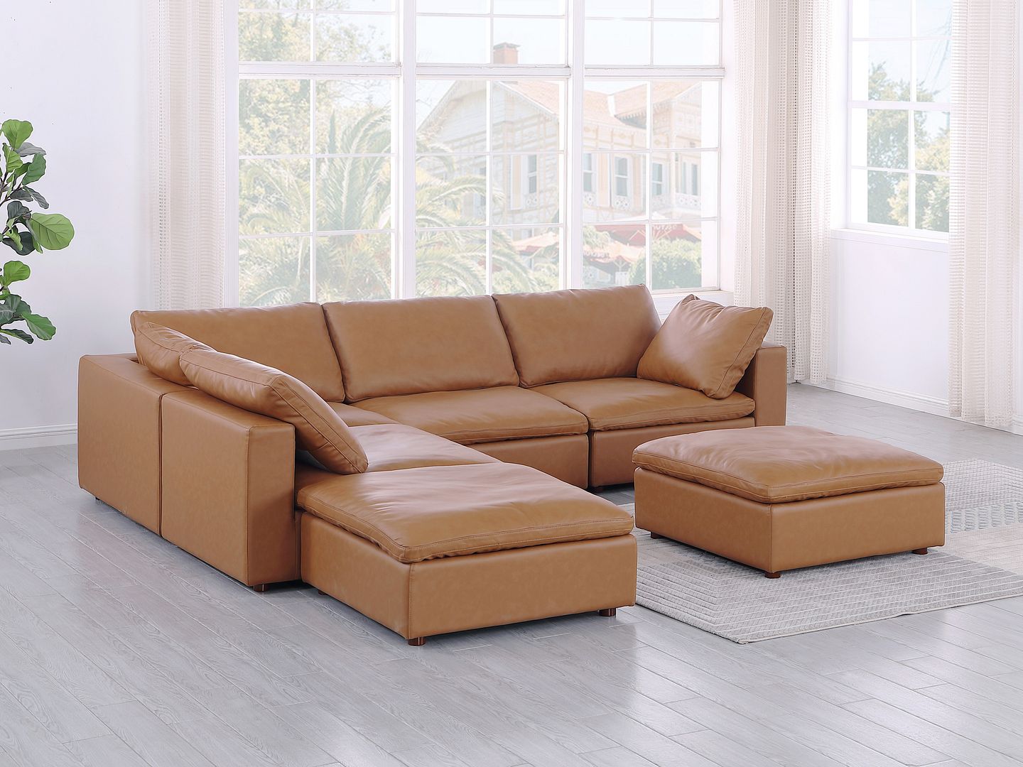 1100 Divanitalia 6-Piece Left Arm Facing 3-Seat Sectional Sofa - Top-grain Italian Leather - Cognac