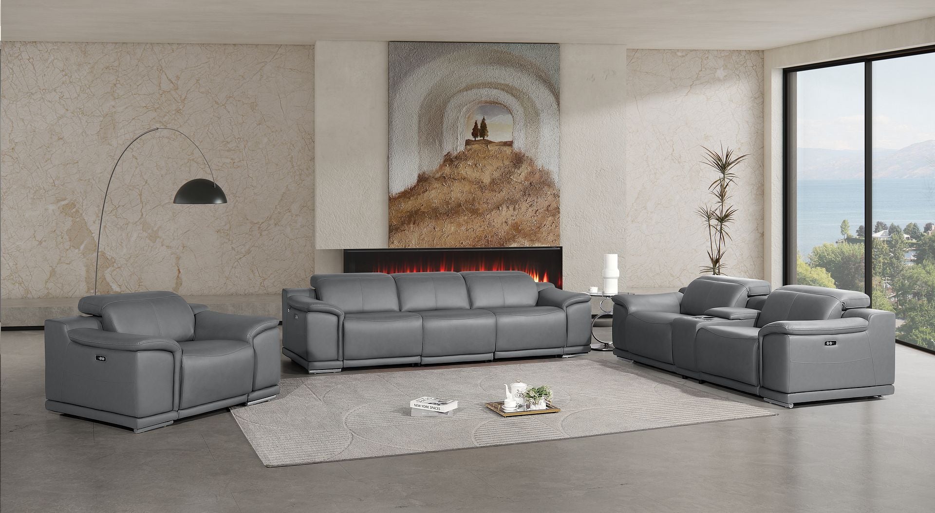 2679 Power Reclining Sofa, Console Loveseat & Chair Set in Genuine Leather - 6 Recliners - Dark Grey