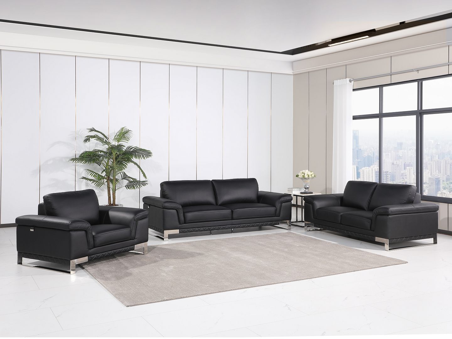 411 Divanitalia 3-Piece Sofa Set in Top-grain Italian Leather - Black