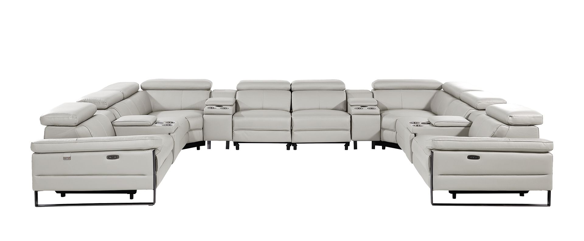 1246 Divanitalia 12-Piece U-Shaped Modular Power Reclining Sectional Sofa with 4 Power Recliners and Power Headrests - Top Grain Italian Leather - Light Grey