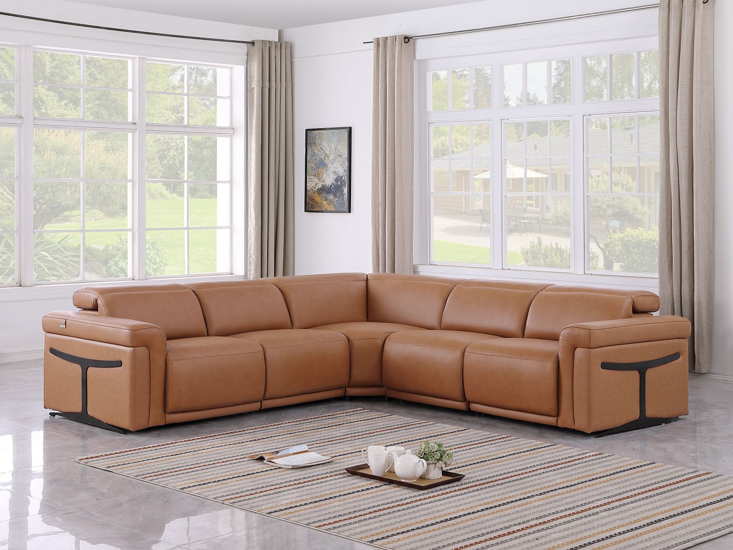 1126 Divanitalia 5-Piece L-Shaped Sectional Sofa in Top Grain Italian Leather with 3 Power Recliners & Power Headrests - Cognac