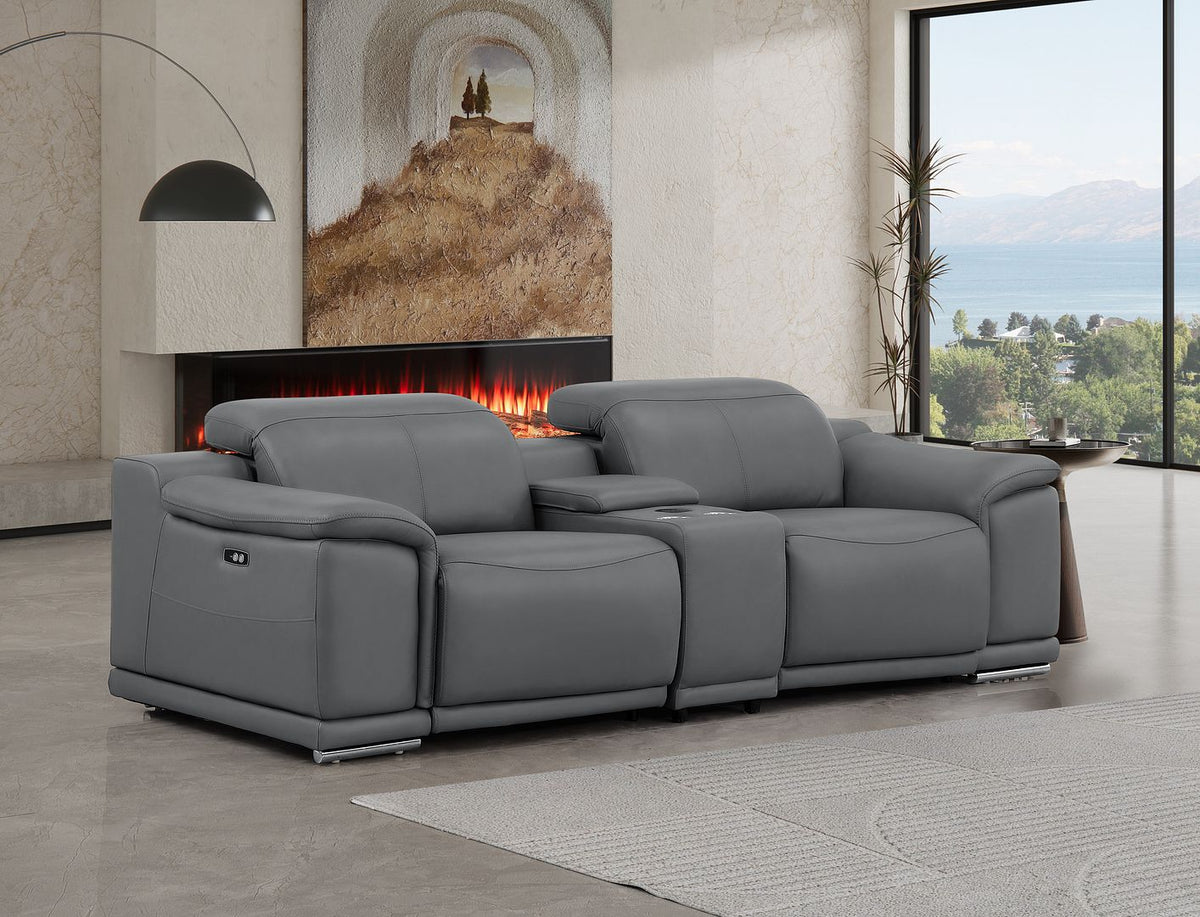 2679 Genuine Leather Console Loveseat with Dual Power Recliners - Dark Grey - SKU 2679-DK-GRAY-3.2-HT