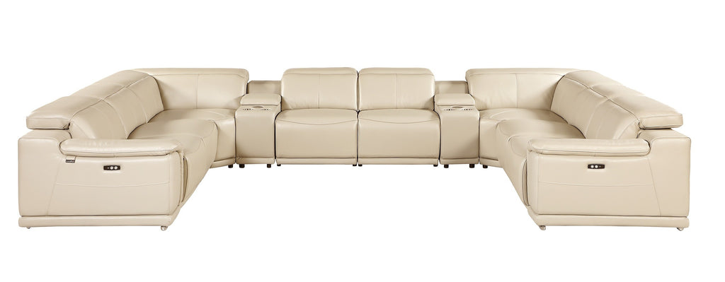 9762 DivanItalia Beige 10-Piece Sectional – Top Grain Italian Leather with 4 Power Recliners and 2 Consoles