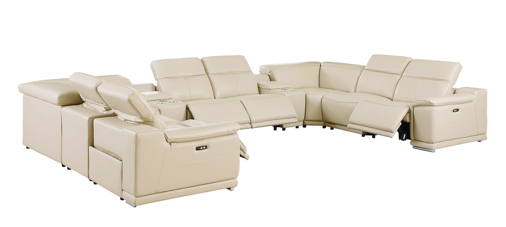 9762 DivanItalia Beige 10-Piece Sectional – Top Grain Italian Leather with 4 Power Recliners and 2 Consoles