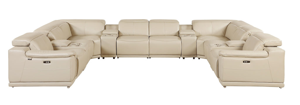 9762 DivanItalia Beige 12-Piece Sectional – Top Grain Italian Leather with 4 Power Recliners and 4 Consoles