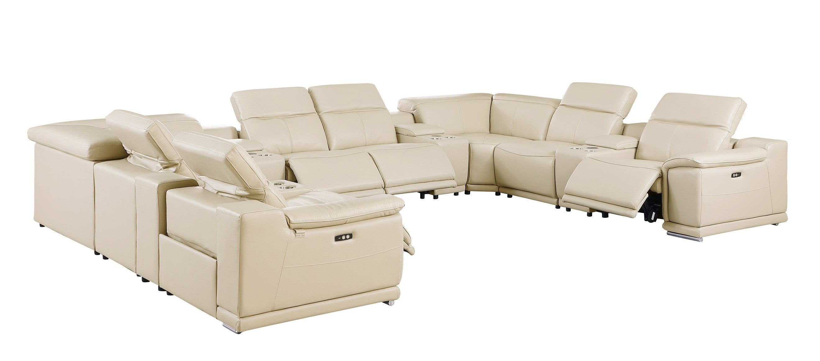 9762 DivanItalia Beige 12-Piece Sectional – Top Grain Italian Leather with 4 Power Recliners and 4 Consoles