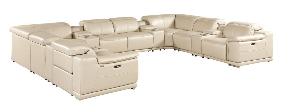 9762 DivanItalia Beige 12-Piece Sectional – Top Grain Italian Leather with 4 Power Recliners and 4 Consoles