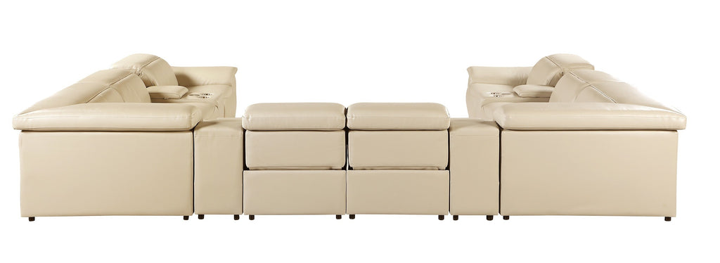 9762 DivanItalia Beige 12-Piece Sectional – Top Grain Italian Leather with 4 Power Recliners and 4 Consoles