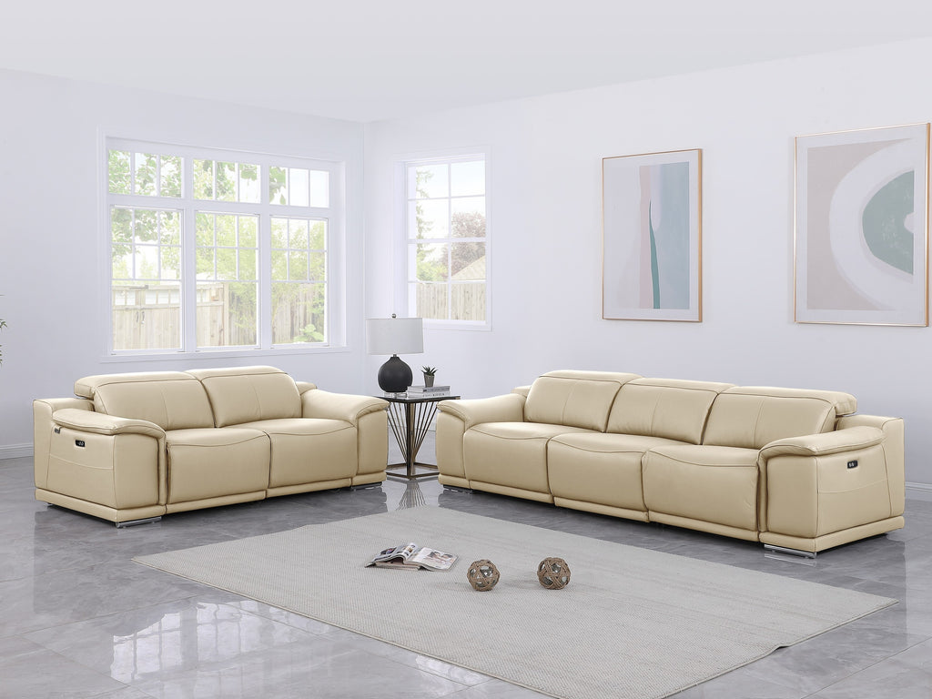9762 DivanItalia Beige Modular Power Reclining Sofa and Loveseat Set in Top Grain Italian Leather