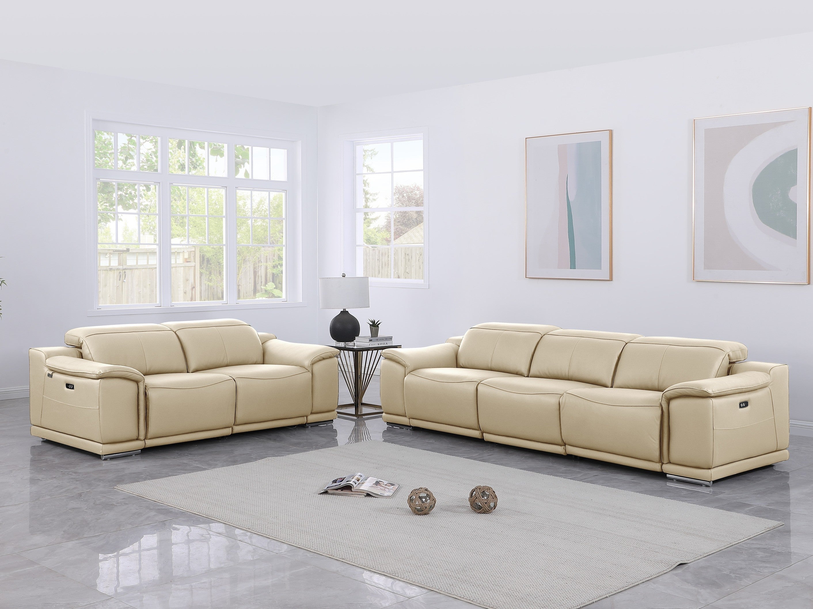 9762 DivanItalia Beige Modular Power Reclining Sofa and Loveseat Set in Top Grain Italian Leather