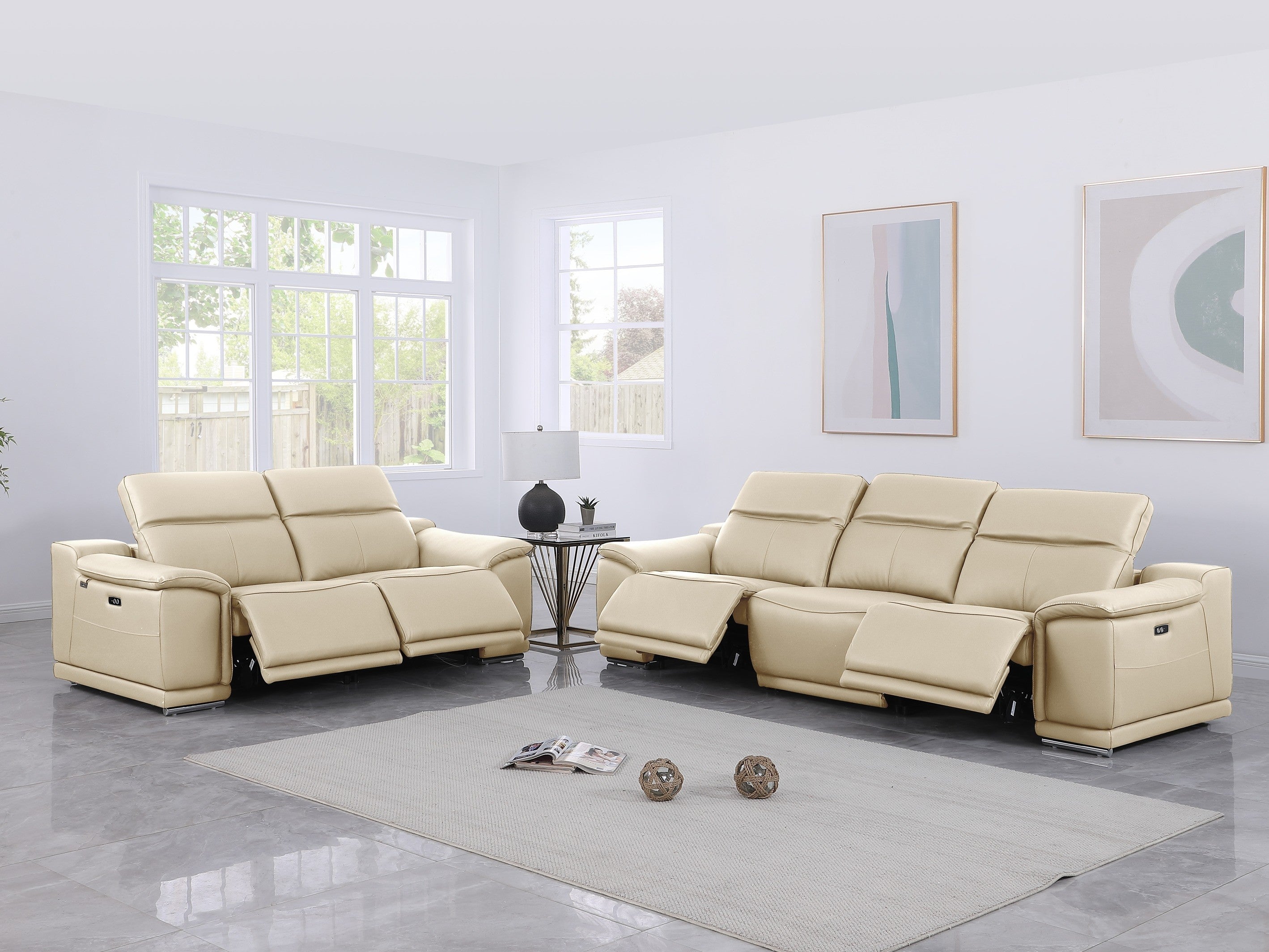 9762 DivanItalia Beige Modular Power Reclining Sofa and Loveseat Set in Top Grain Italian Leather