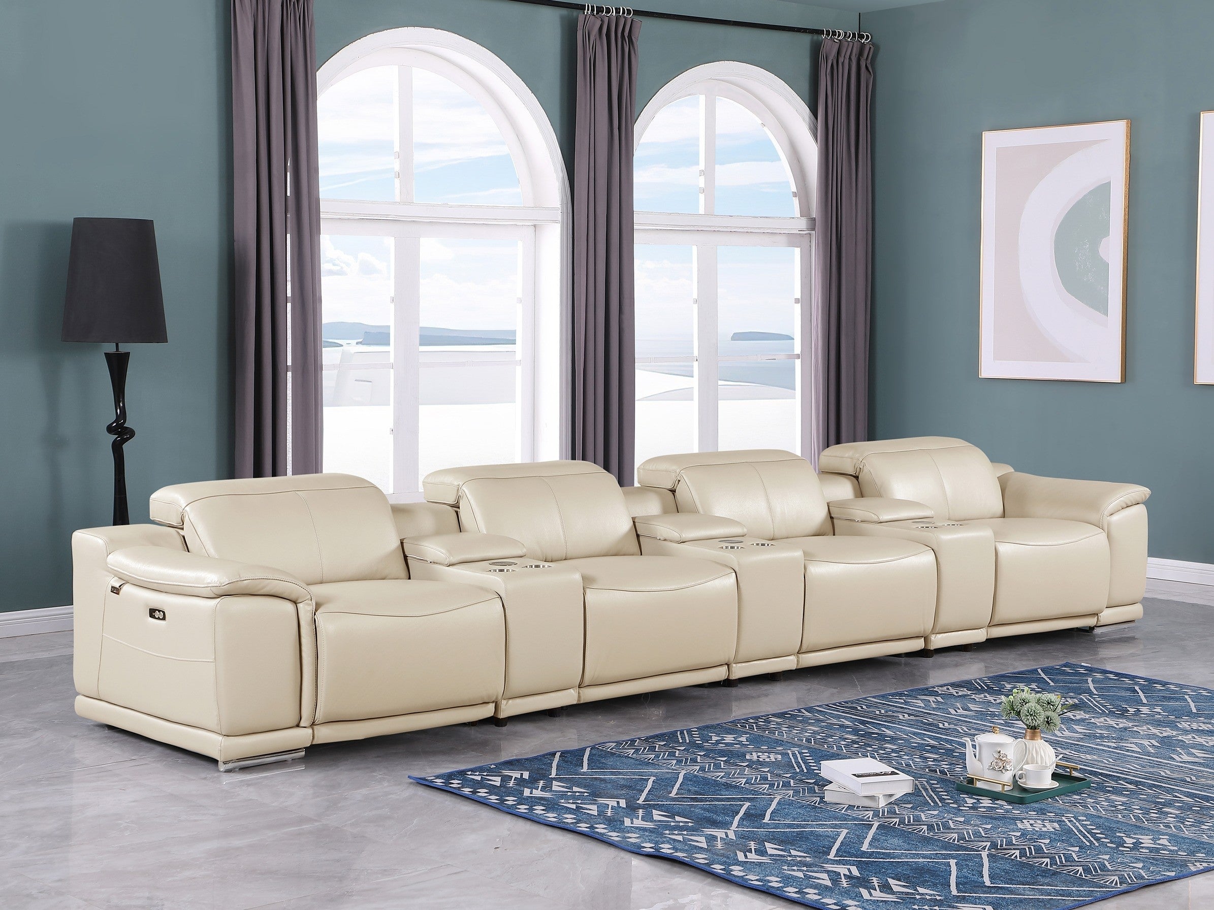 9762 DivanItalia Beige 7-Piece Modular Power Reclining Sofa – Top Grain Italian Leather