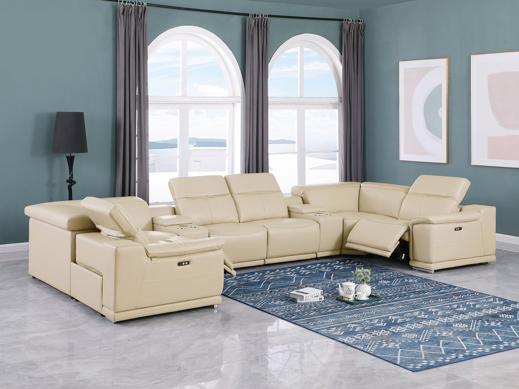 9762 DivanItalia Beige 8-Piece Sectional – Top Grain Italian Leather with 2 Power Recliners and 2 Consoles