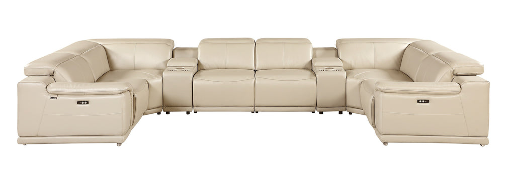 9762 DivanItalia Beige 8-Piece Sectional – Top Grain Italian Leather with 2 Power Recliners and 2 Consoles