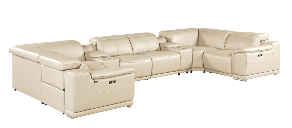 9762 DivanItalia Beige 8-Piece Sectional – Top Grain Italian Leather with 2 Power Recliners and 2 Consoles