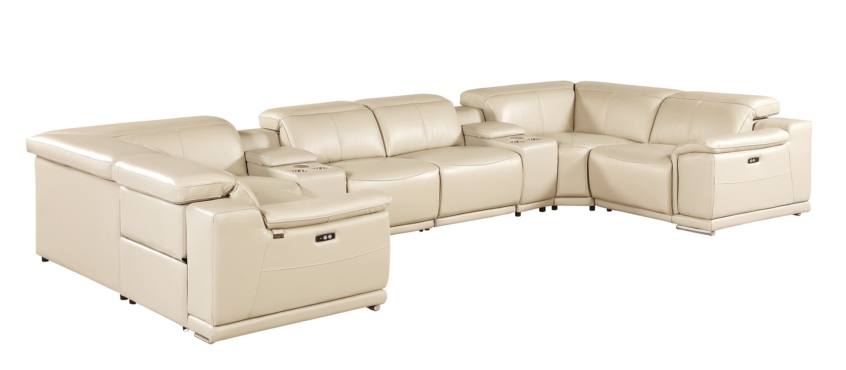9762 DivanItalia Beige 8-Piece Sectional – Top Grain Italian Leather with 4 Power Recliners and 2 Consoles