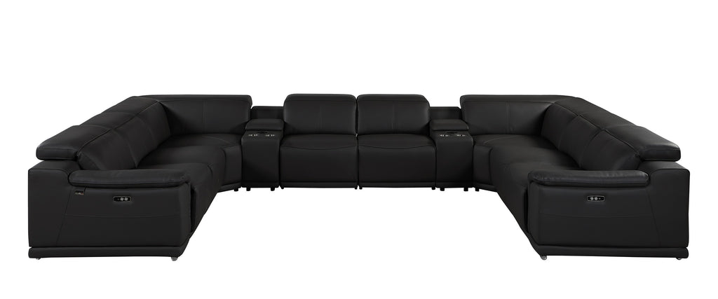 9762 DivanItalia Black 10-Piece Sectional – Top Grain Italian Leather with 4 Power Recliners and 2 Consoles