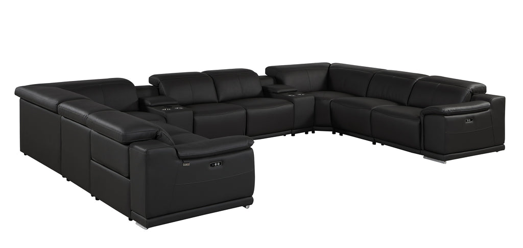 9762 DivanItalia Black 10-Piece Sectional – Top Grain Italian Leather with 4 Power Recliners and 2 Consoles
