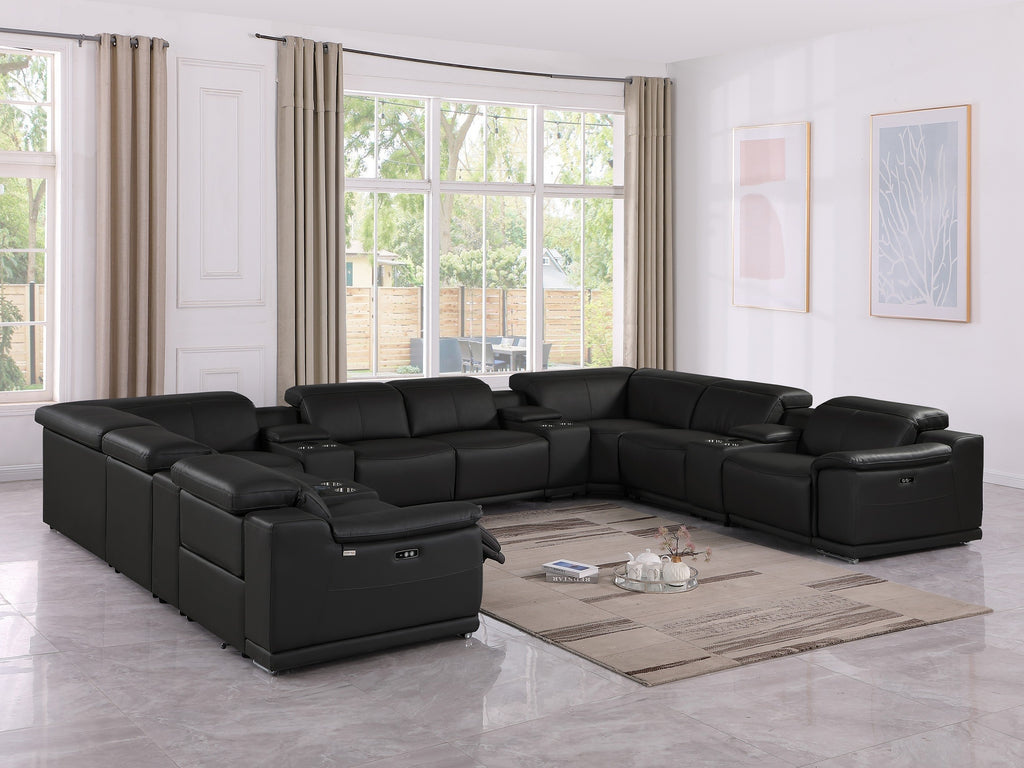 9762 DivanItalia Black 12-Piece Sectional – Top Grain Italian Leather with 4 Power Recliners and 4 Consoles