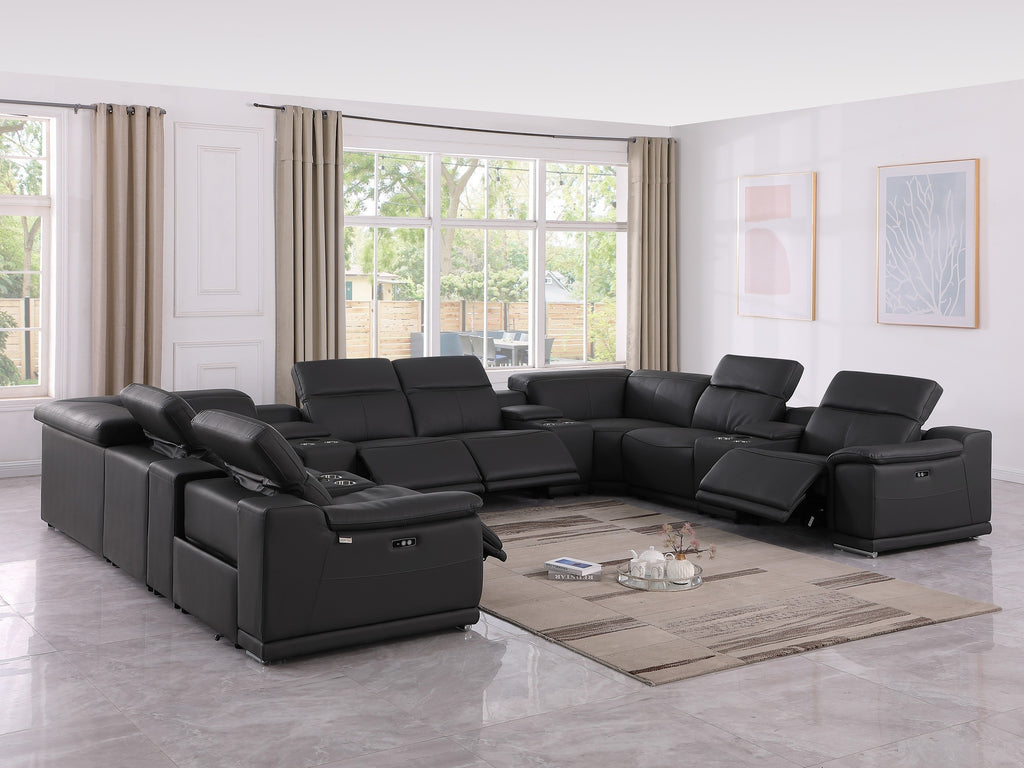 9762 DivanItalia Black 12-Piece Sectional – Top Grain Italian Leather with 4 Power Recliners and 4 Consoles