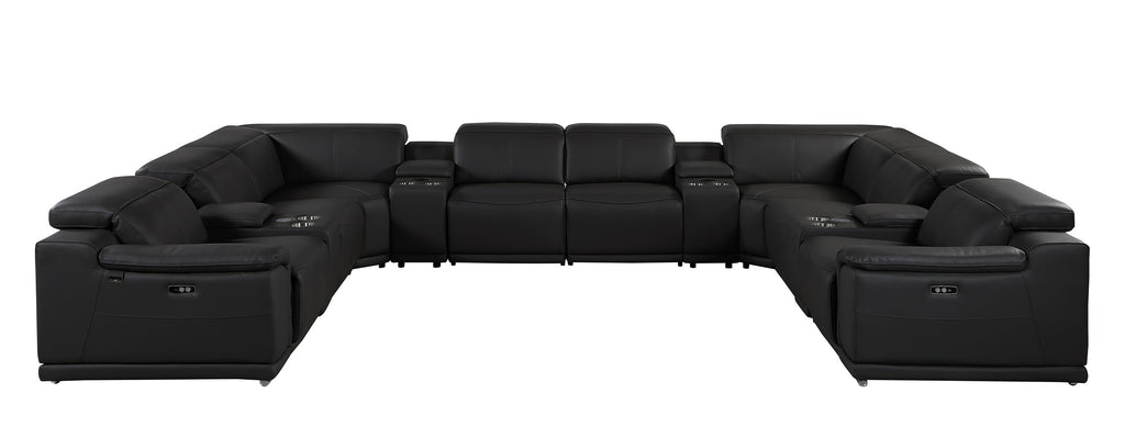 9762 DivanItalia Black 12-Piece Sectional – Top Grain Italian Leather with 4 Power Recliners and 4 Consoles