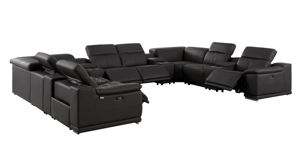 9762 DivanItalia Black 12-Piece Sectional – Top Grain Italian Leather with 4 Power Recliners and 4 Consoles