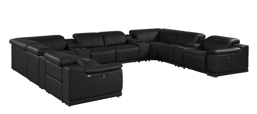 9762 DivanItalia Black 12-Piece Sectional – Top Grain Italian Leather with 4 Power Recliners and 4 Consoles