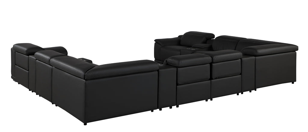9762 DivanItalia Black 12-Piece Sectional – Top Grain Italian Leather with 4 Power Recliners and 4 Consoles