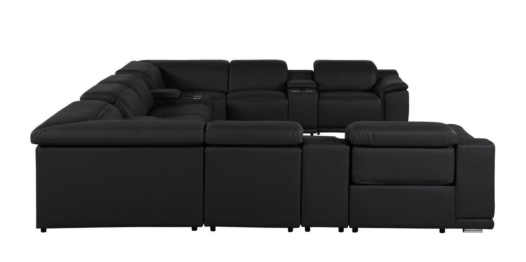9762 DivanItalia Black 12-Piece Sectional – Top Grain Italian Leather with 4 Power Recliners and 4 Consoles