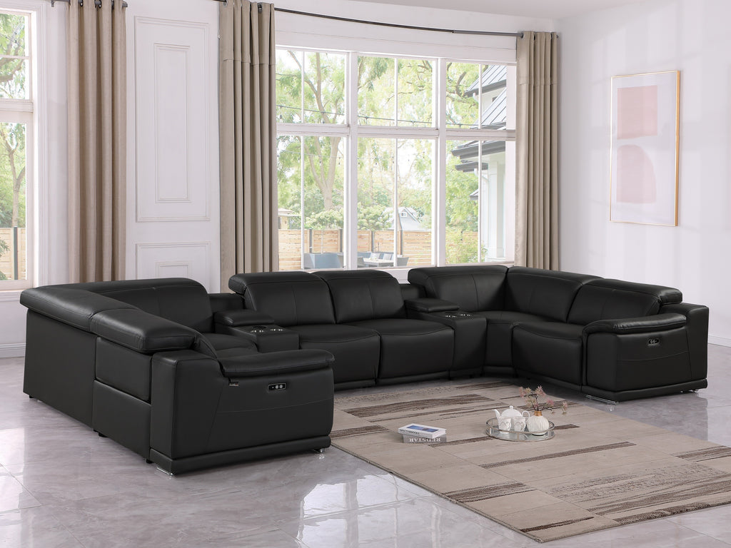 9762 DivanItalia Black 8-Piece Sectional – Top Grain Italian Leather with 2 Power Recliners and 2 Consoles