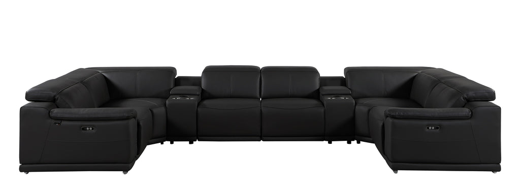 9762 DivanItalia Black 8-Piece Sectional – Top Grain Italian Leather with 2 Power Recliners and 2 Consoles