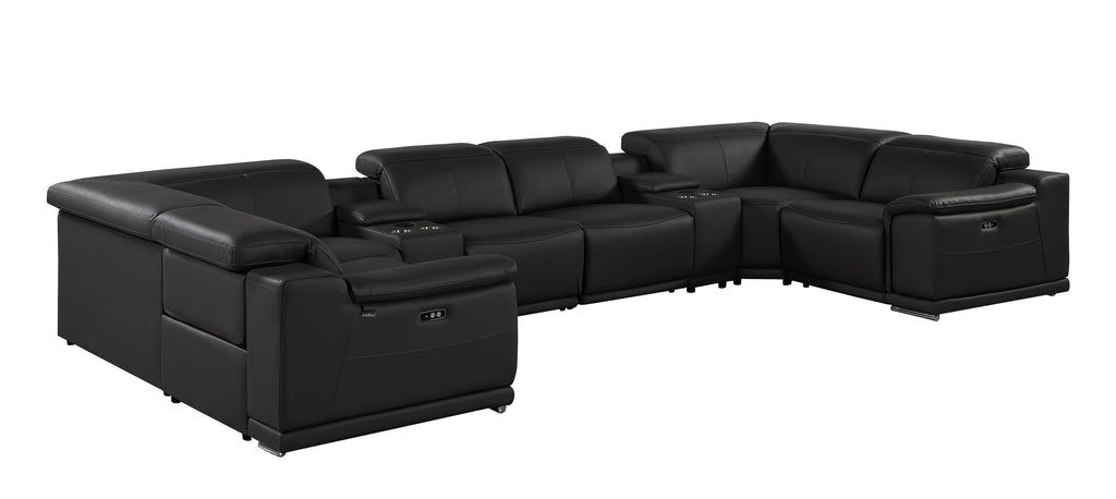 9762 DivanItalia Black 8-Piece Sectional – Top Grain Italian Leather with 2 Power Recliners and 2 Consoles