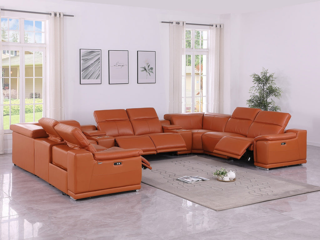9762 DivanItalia Camel 10-Piece Sectional – Top Grain Italian Leather with 4 Power Recliners and 2 Consoles