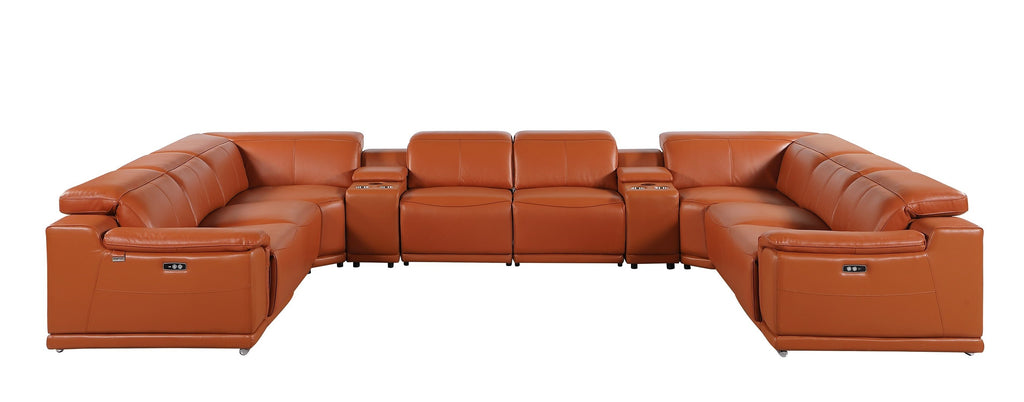 9762 DivanItalia Camel 10-Piece Sectional – Top Grain Italian Leather with 4 Power Recliners and 2 Consoles