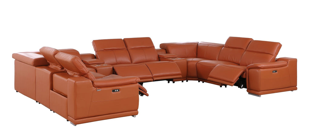 9762 DivanItalia Camel 10-Piece Sectional – Top Grain Italian Leather with 4 Power Recliners and 2 Consoles