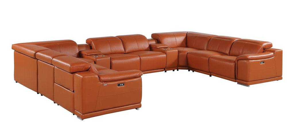 9762 DivanItalia Camel 10-Piece Sectional – Top Grain Italian Leather with 4 Power Recliners and 2 Consoles