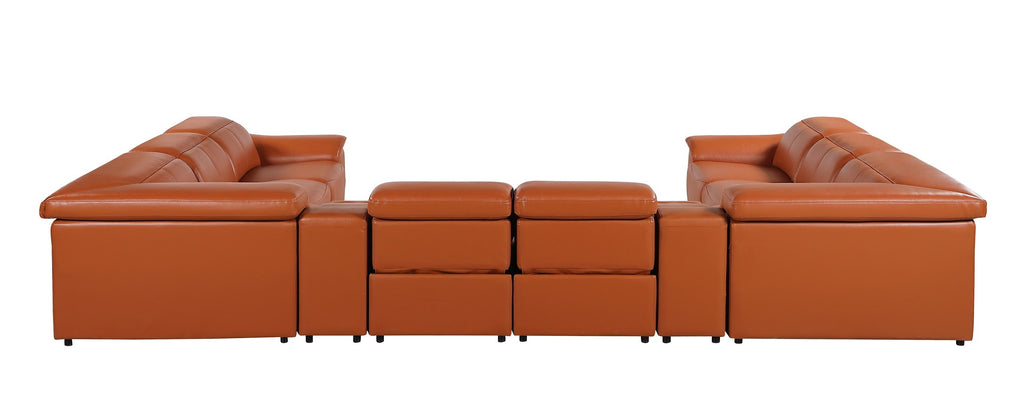 9762 DivanItalia Camel 10-Piece Sectional – Top Grain Italian Leather with 4 Power Recliners and 2 Consoles