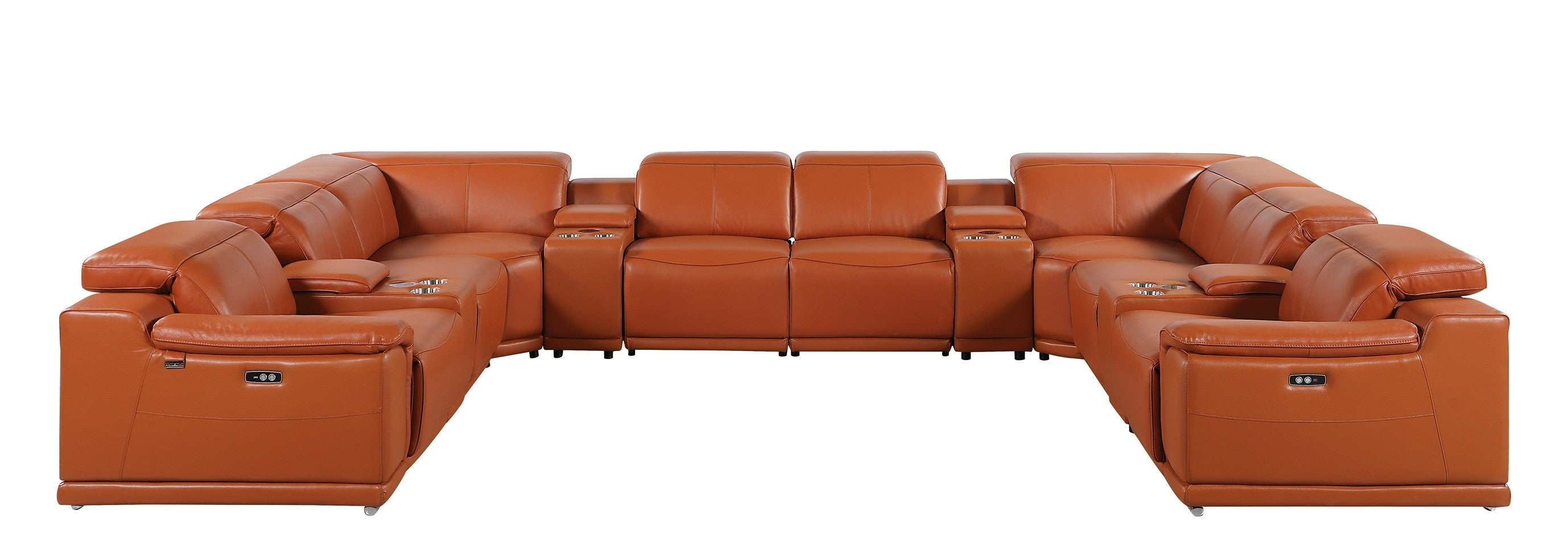 9762 DivanItalia Camel 12-Piece Sectional – Top Grain Italian Leather with 4 Power Recliners and 4 Consoles