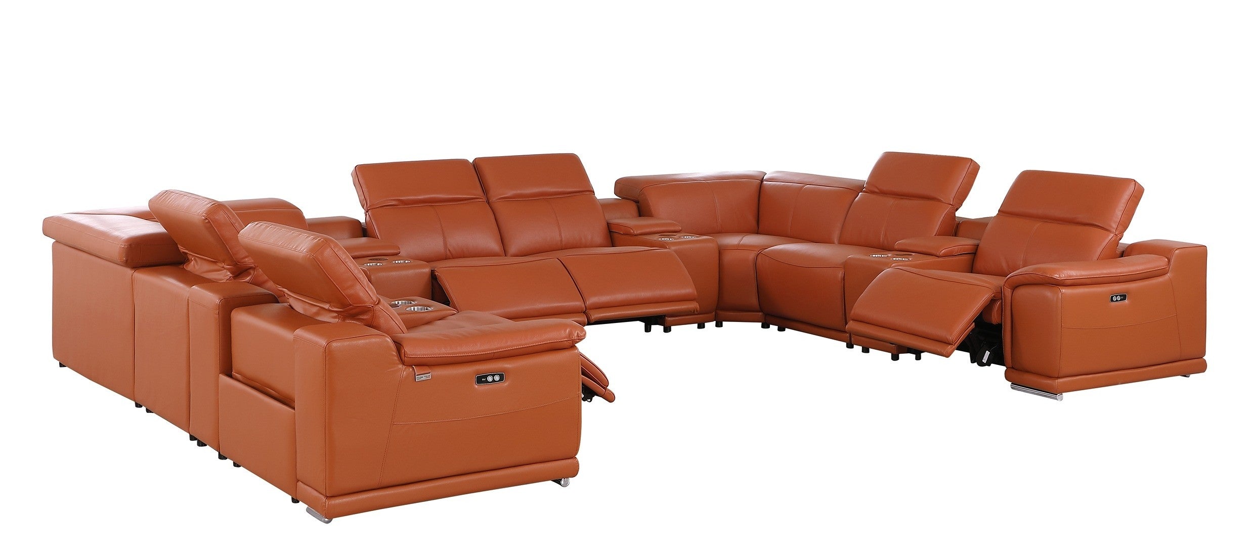 9762 DivanItalia Camel 12-Piece Sectional – Top Grain Italian Leather with 4 Power Recliners and 4 Consoles