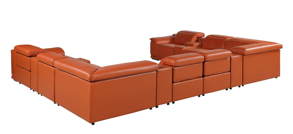 9762 DivanItalia Camel 12-Piece Sectional – Top Grain Italian Leather with 4 Power Recliners and 4 Consoles