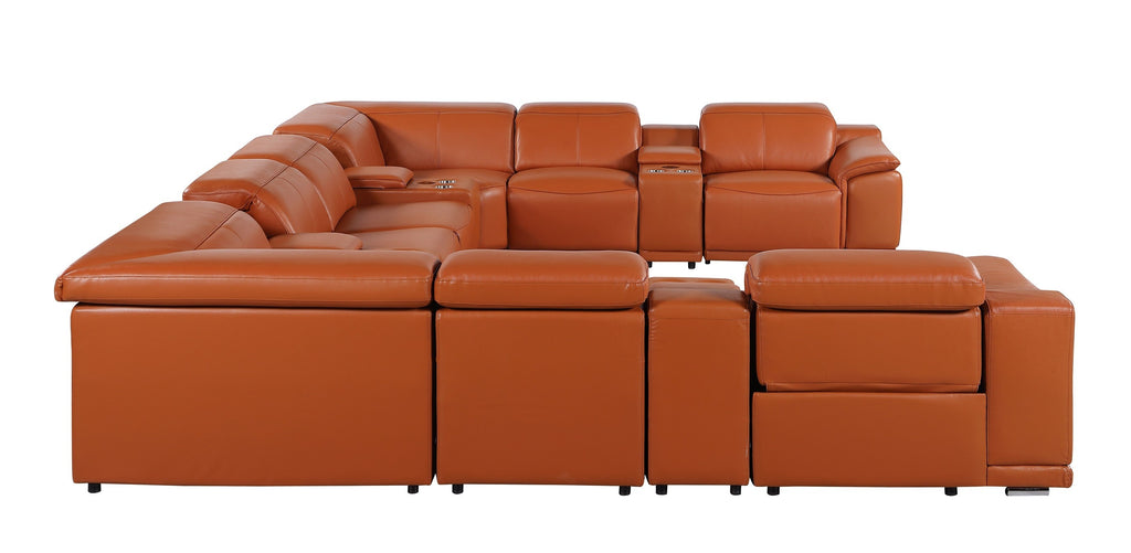 9762 DivanItalia Camel 12-Piece Sectional – Top Grain Italian Leather with 4 Power Recliners and 4 Consoles