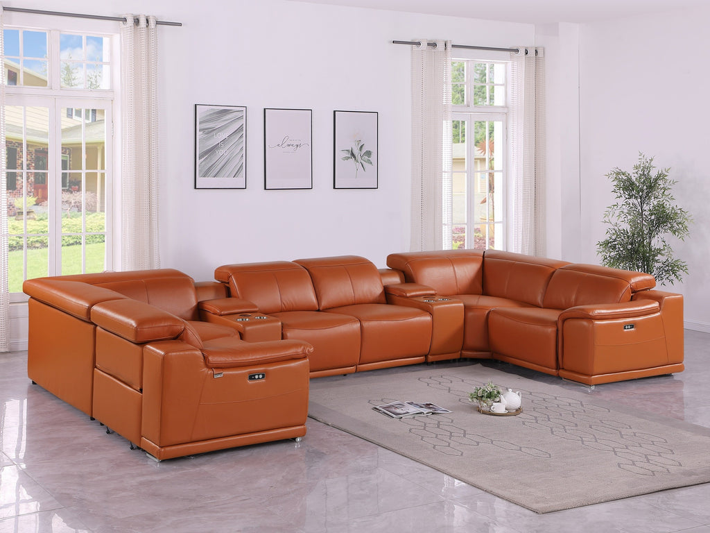 9762 DivanItalia Camel 8-Piece Sectional – Top Grain Italian Leather with 2 Power Recliners and 2 Consoles